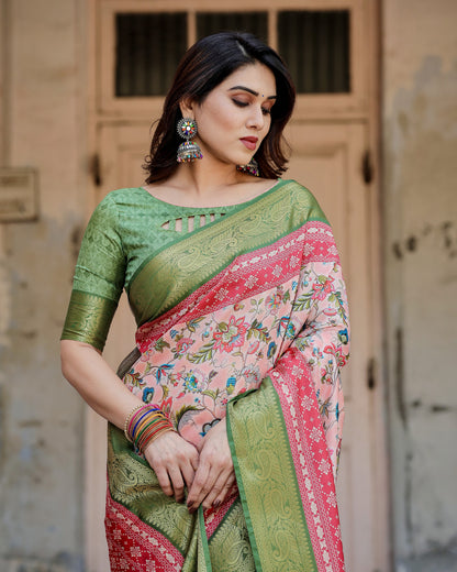 Blush Pink Digital Printed Tussar Silk Saree With Zari Motif Border | Designer Festive Ethnic Wear – JaipurSaaj