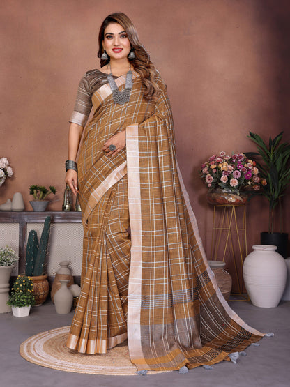 Beige Linen Cotton Saree With Silver Zari Border