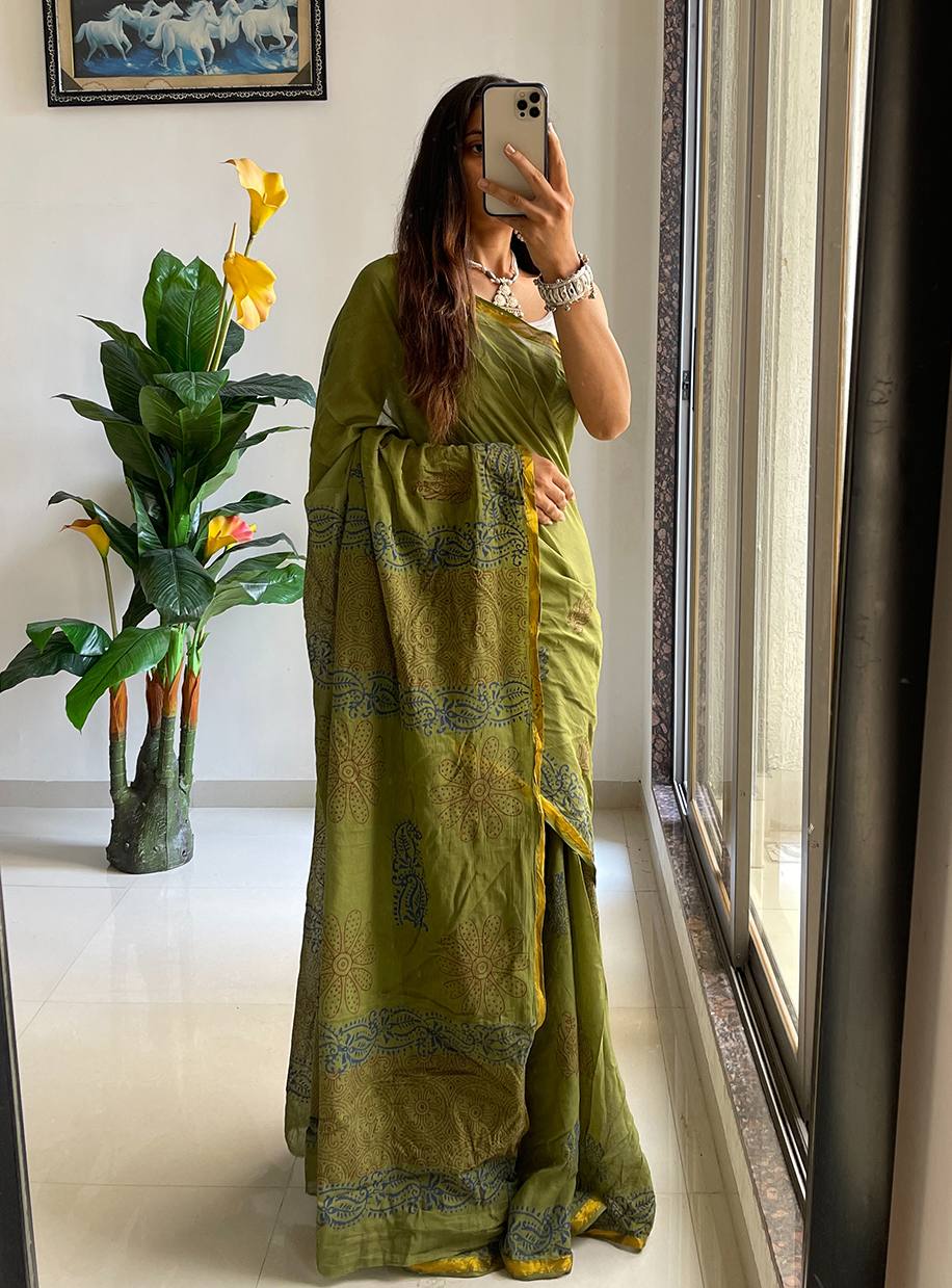 Mahendi Green Muslin Cotton Silk Saree With Hand Block Print & Zari Border | Ethnic Wear – JaipurSaaj