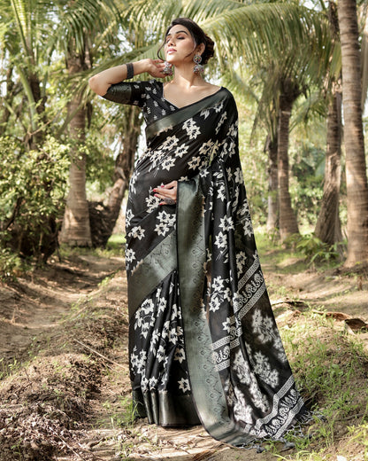 Black Tussar Silk Saree with Floral Woven Motifs & Zari Border | Traditional Festive Wear – JaipurSaaj