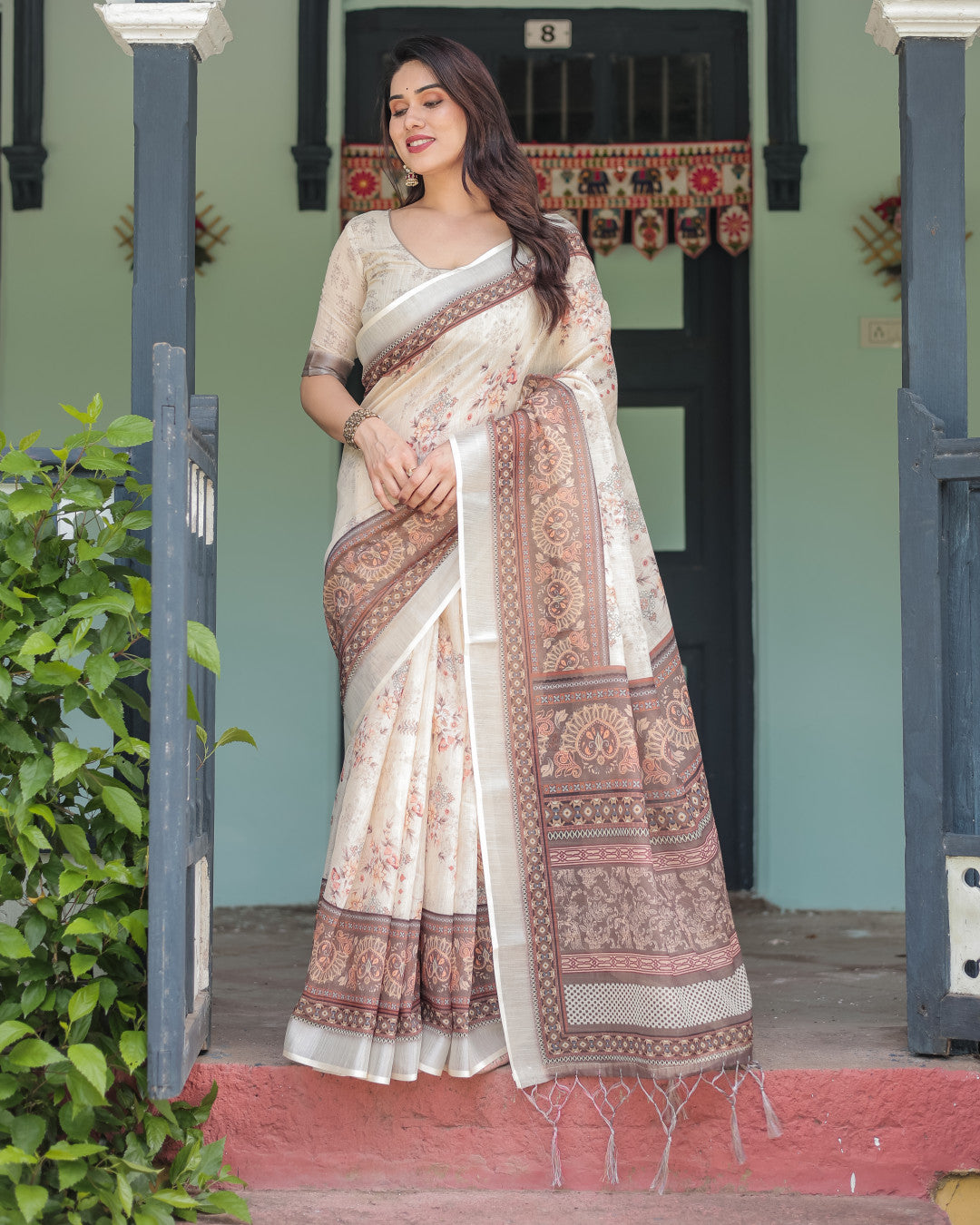 Off White Soft Linen Cotton Saree With Digital Printed Work