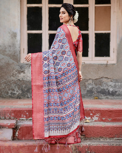 Multi Color Digital Printed Tussar Silk Saree With Zari Motif Border | Traditional Festive Ethnic Wear – JaipurSaaj