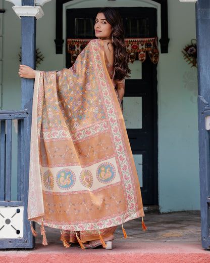 Multi Color Kalamkari Digital Printed Linen Cotton Saree | Summer Casual & Ethnic Wear – JaipurSaaj