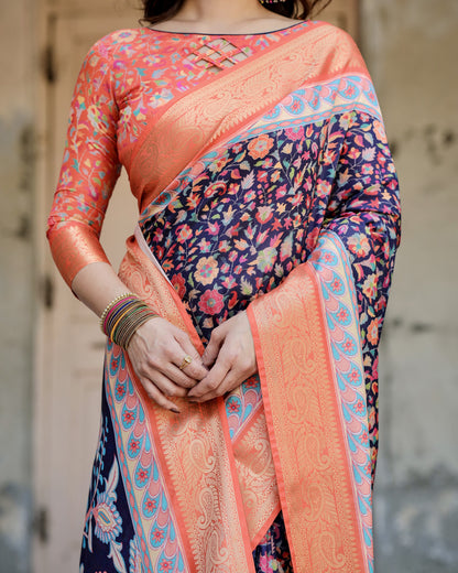 Multi Kalamakari Floral Printed Tussar Silk Saree With Zari Motif Border | Festive Ethnic Wear – JaipurSaaj