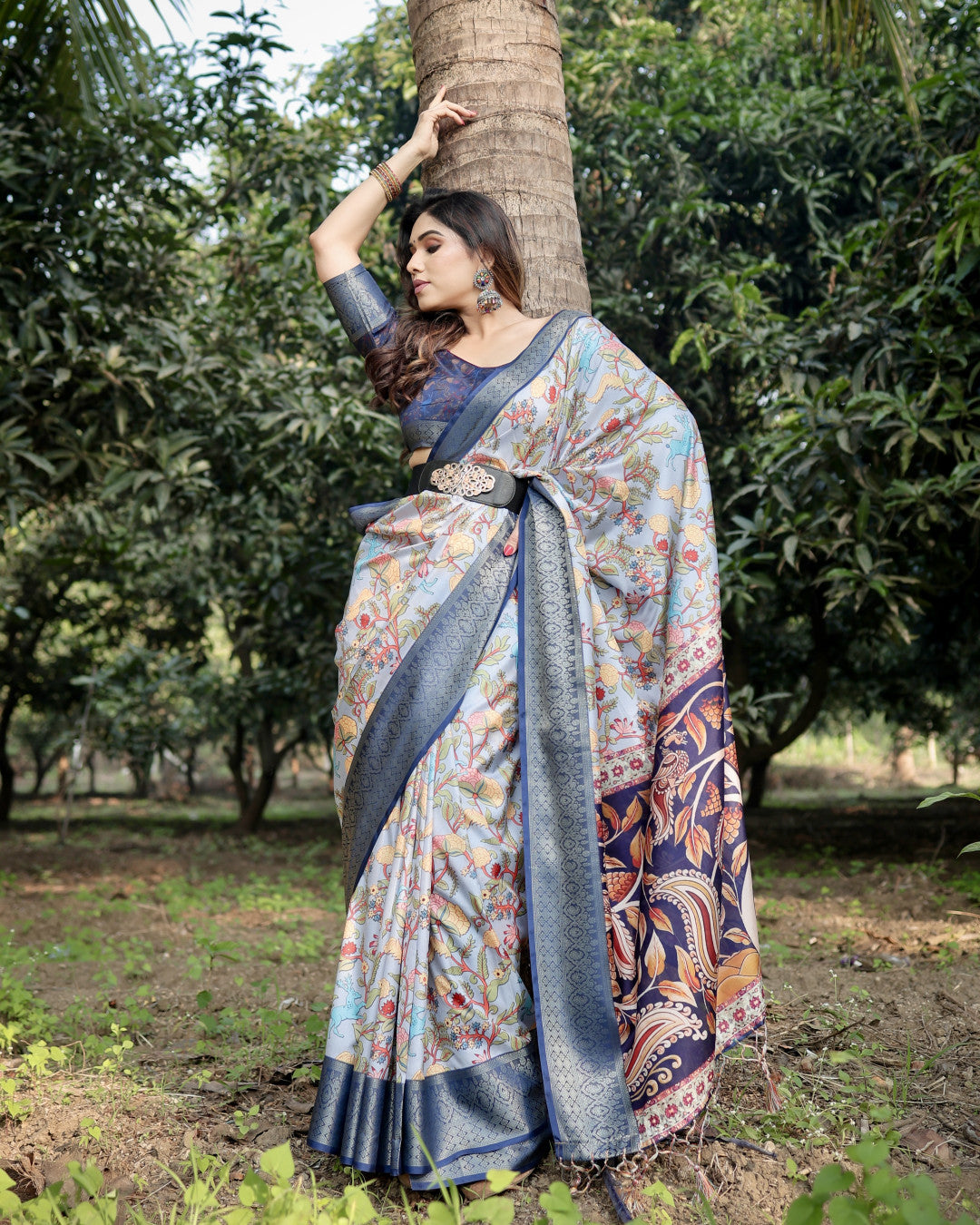 Multi Color Kalamkari Digital Printed Tussar Silk Saree | Designer Festive Ethnic Wear – JaipurSaaj