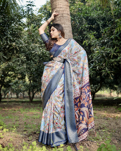 Multi Color Kalamkari Digital Printed Tussar Silk Saree | Designer Festive Ethnic Wear – JaipurSaaj