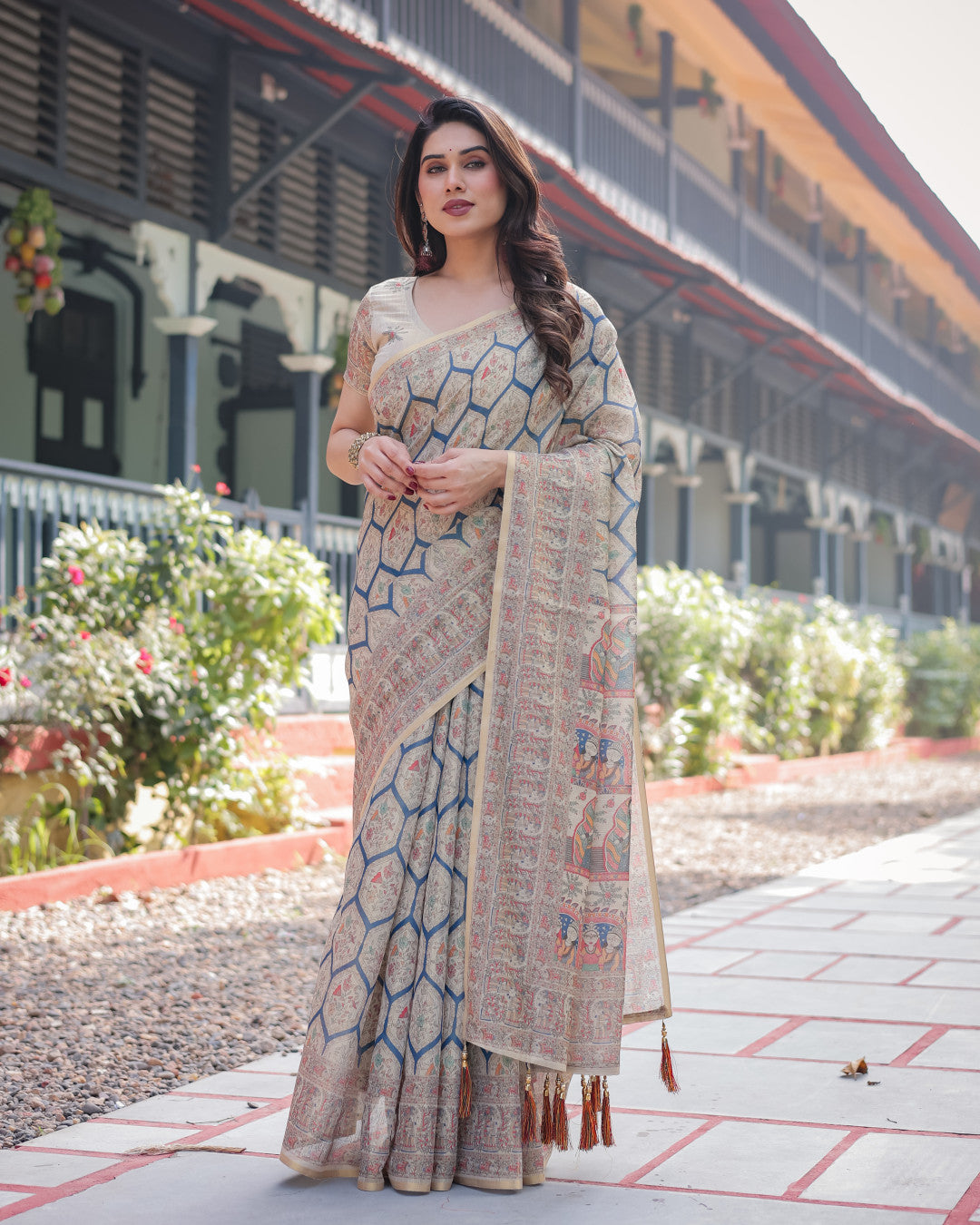 Beige Soft Linen Cotton Saree With Kalamkari Digital Printed Work