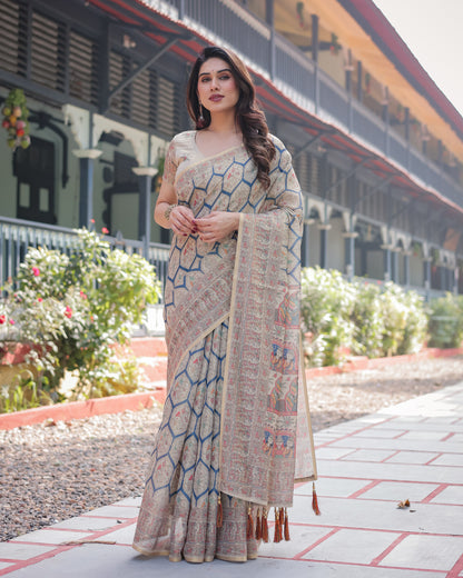 Beige Soft Linen Cotton Saree With Kalamkari Digital Printed Work