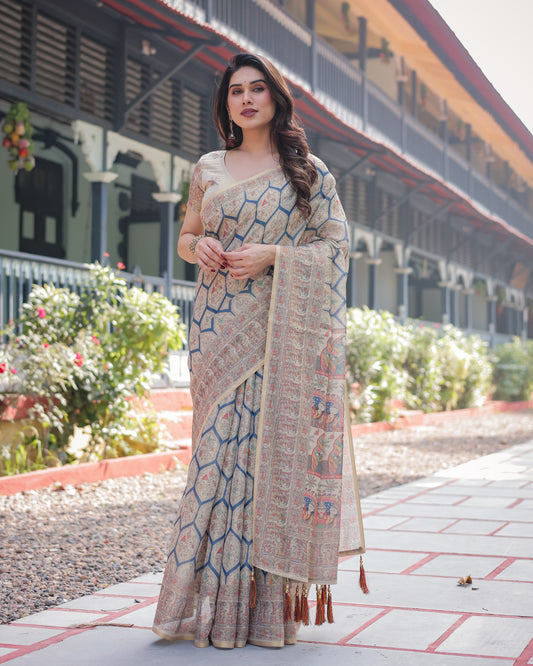 Beige Soft Linen Cotton Saree With Kalamkari Digital Printed Work