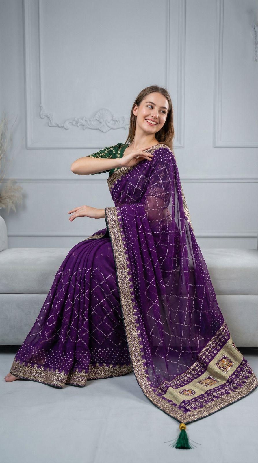 Purple Vichitra Silk Saree With Khadi Bandhej Heavy Pallu & Zari Border | Wedding & Festive Wear – JaipurSaaj