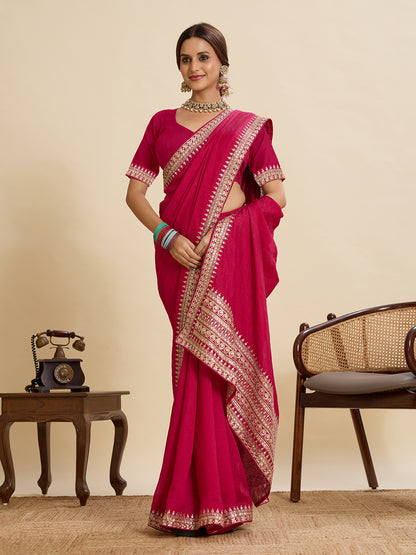 Rani Pink Soft Vichitra Silk Saree With Embroidery Work | Bridal Wedding & Festive Wear – JaipurSaaj