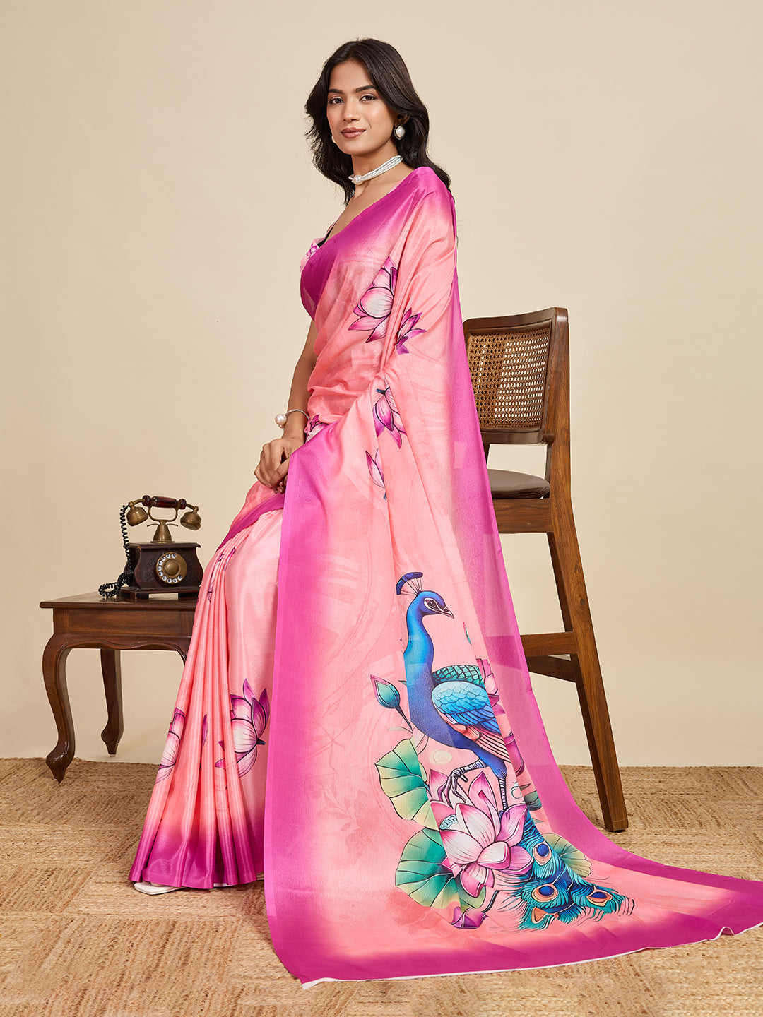 Baby Pink Soft Chinnon Silk Saree With Digital Printed Work