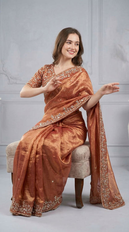 Peach Fandy Chiffon Silk Saree With Sequin Work & Cut Work Border | Party & Reception Wear – JaipurSaaj