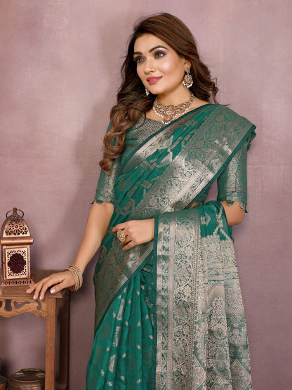 Rama Green Organza Silk Banarasi Saree With Zari Weaving Work | Bridal Wedding & Festive Wear – JaipurSaaj