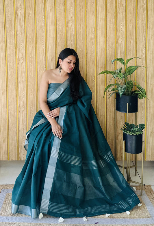 Rama Green Linen Cotton Saree With Silver Zari Border