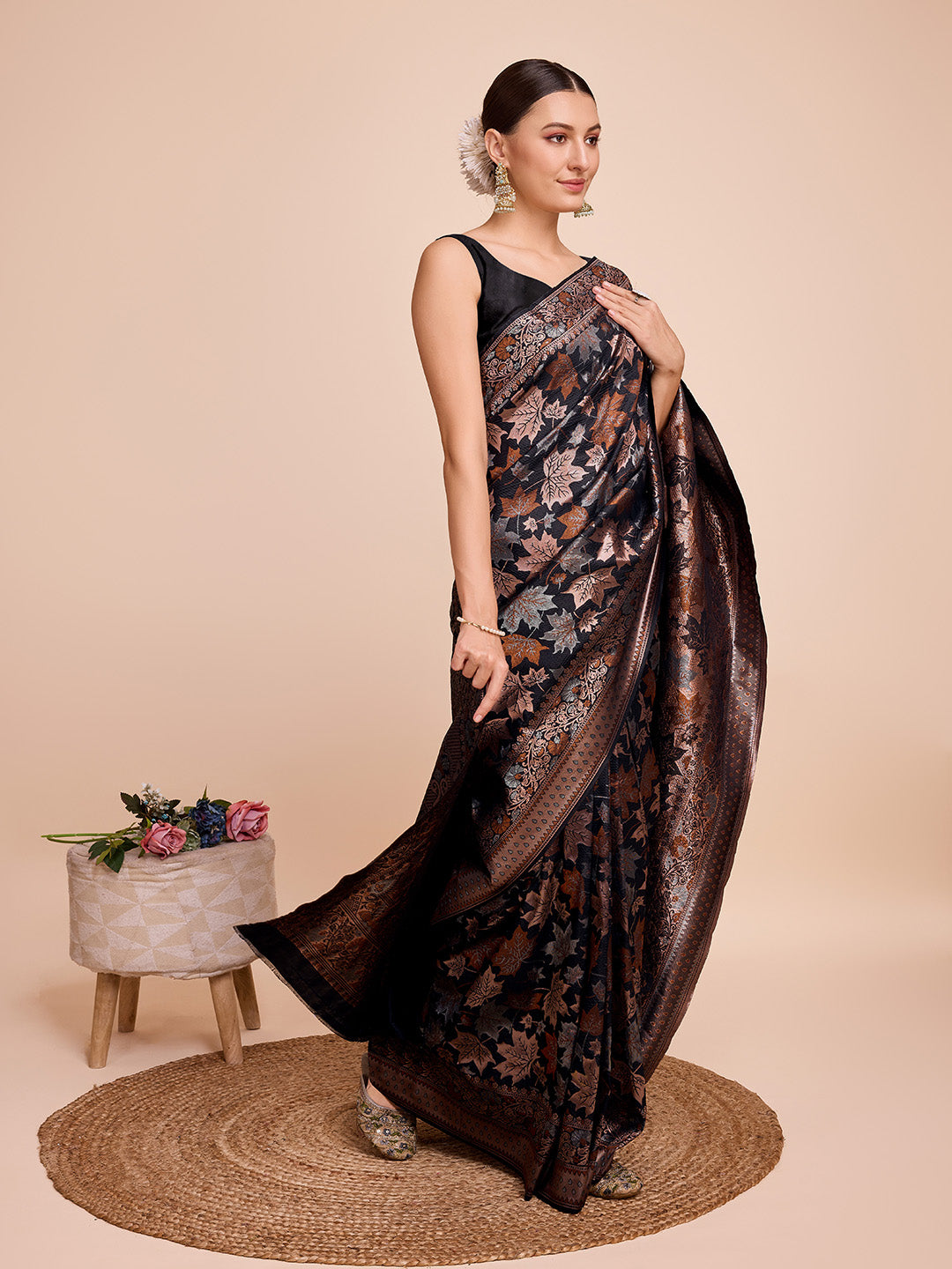 Golden & Copper Zari Weaving With Black Soft Silk Banarasi Saree | Party & Wedding Wear - JaipurSaaj