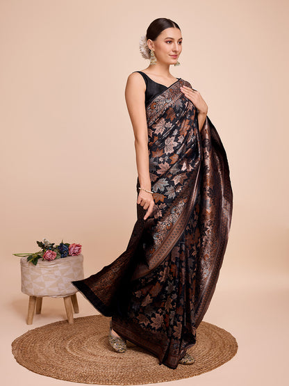 Golden & Copper Zari Weaving With Black Soft Silk Banarasi Saree | Party & Wedding Wear - JaipurSaaj