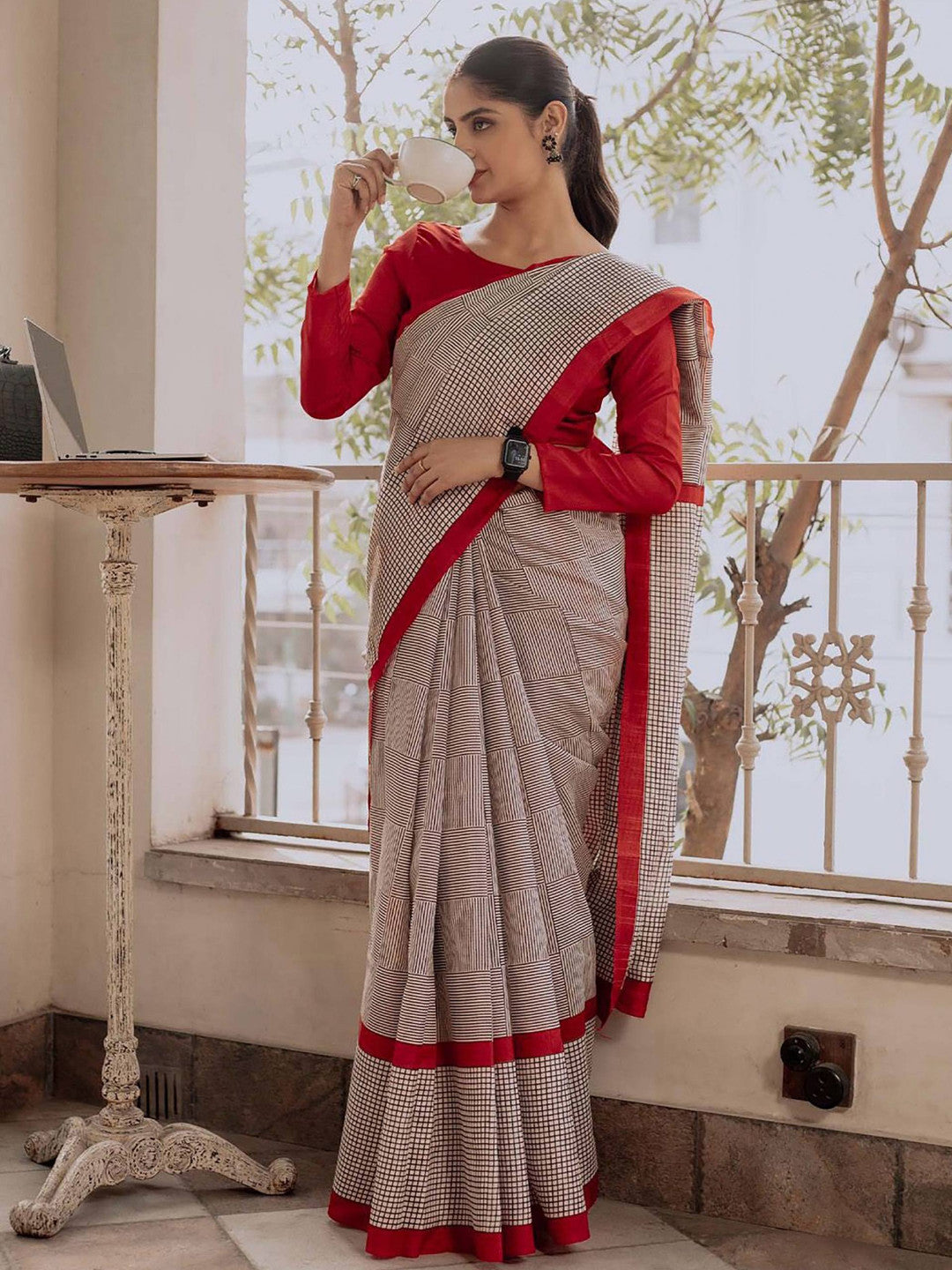 Beige Color Soft Pure Cotton Silk Saree With Jaipur Block Print Work | Traditional Office & Ethnic Wear – JaipurSaaj