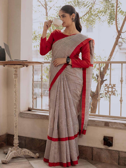 Beige Color Soft Pure Cotton Silk Saree With Jaipur Block Print Work | Traditional Office & Ethnic Wear – JaipurSaaj