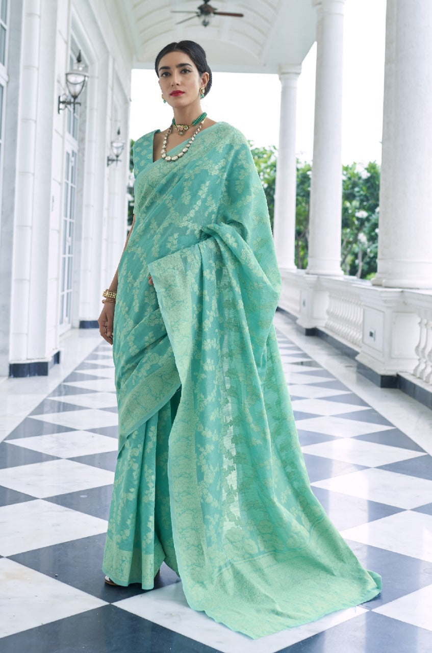 Sea Green Soft Cotton Saree With Lucknowi Work