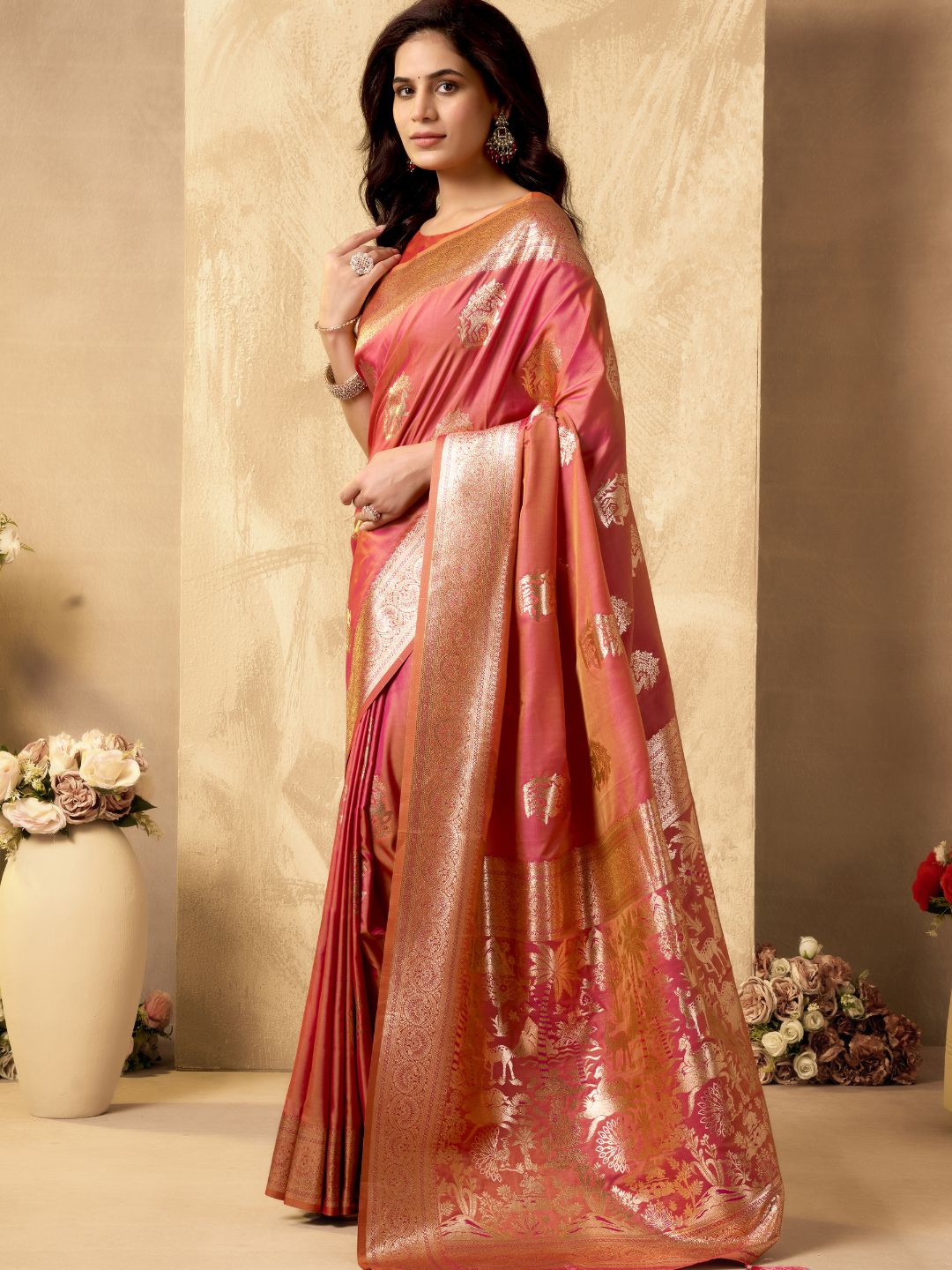 Alternate full view of peach Banarasi silk saree with Warli weaving and zari border pallu