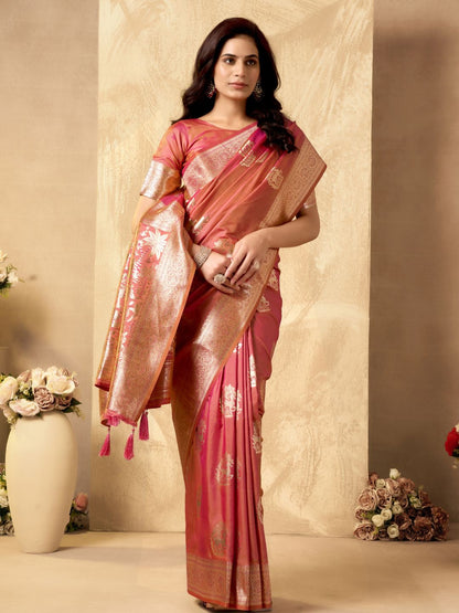 Model posing in peach Banarasi silk saree with Warli work showing full length wedding and festive styling