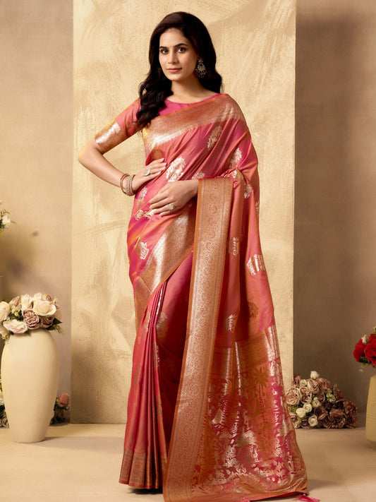 Woman wearing peach Banarasi silk saree with Warli weaving work and zhallar border full front view