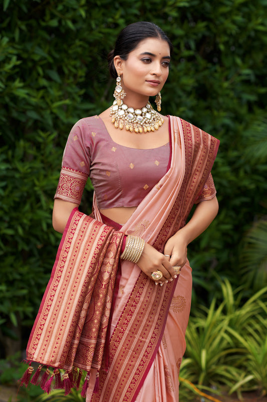 Peach Banarasi silk saree pallu with rich zari weaving design