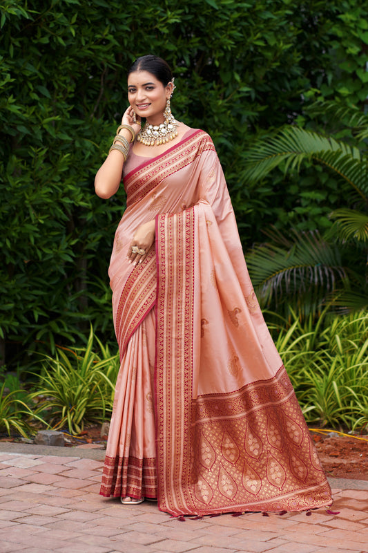 Peach soft Banarasi silk saree with zari weaving work and contrast border by JaipurSaaj