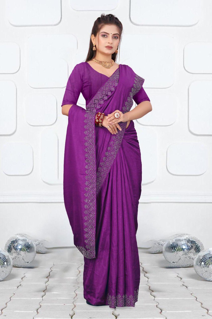 Purple Dola Silk Saree With Siroski Work Border