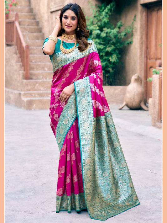Woman wearing pink Banarasi silk saree with Warli weaving work and zhallar border full front view
