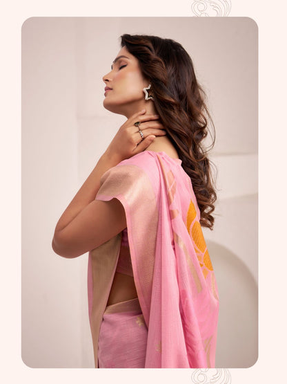 Back view of pink soft linen silk saree highlighting floral pallu design and drape