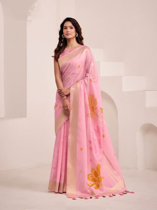 Woman wearing pink soft linen silk saree with floral pallu design full front view