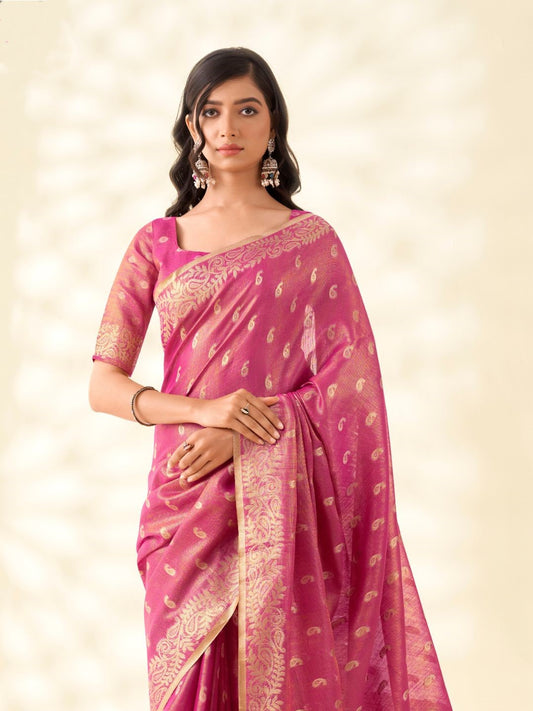 Close view of pink tissue linen silk saree showcasing zari weaving butti and elegant pallu detailing
