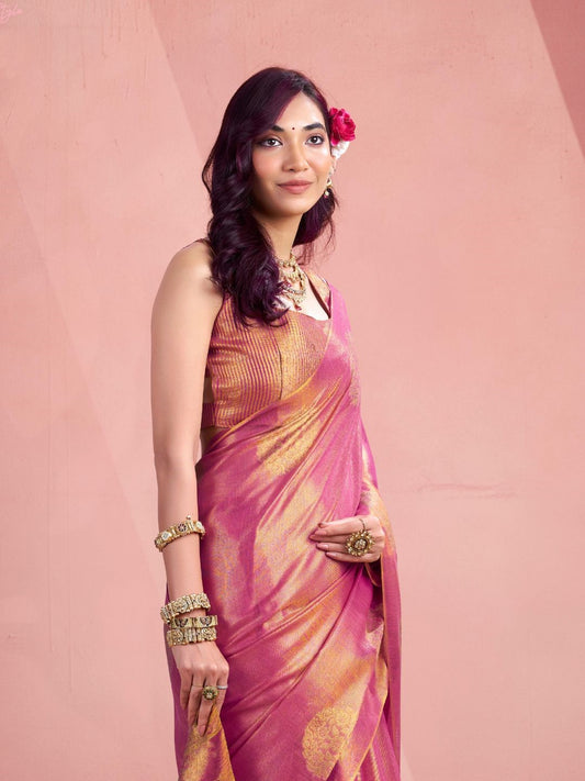 Close view of pink tissue silk saree with fancy zari butta showcasing elegant drape and detailing