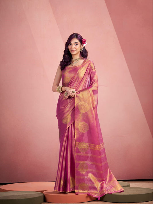 Woman wearing pink tissue silk saree with fancy zari weaving butta full front view