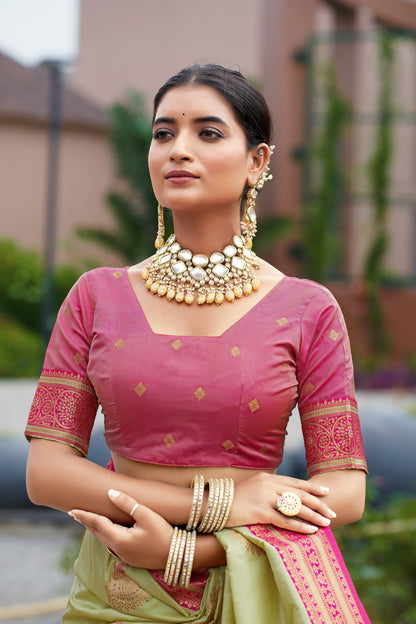 Closeup look of pista green Banarasi silk saree with zari weaving and contrast border