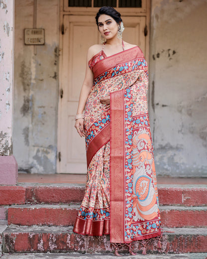 Multi Kalamakari Floral Printed Tussar Silk Saree With Zari Motif Border | Festive Ethnic Wear – JaipurSaaj