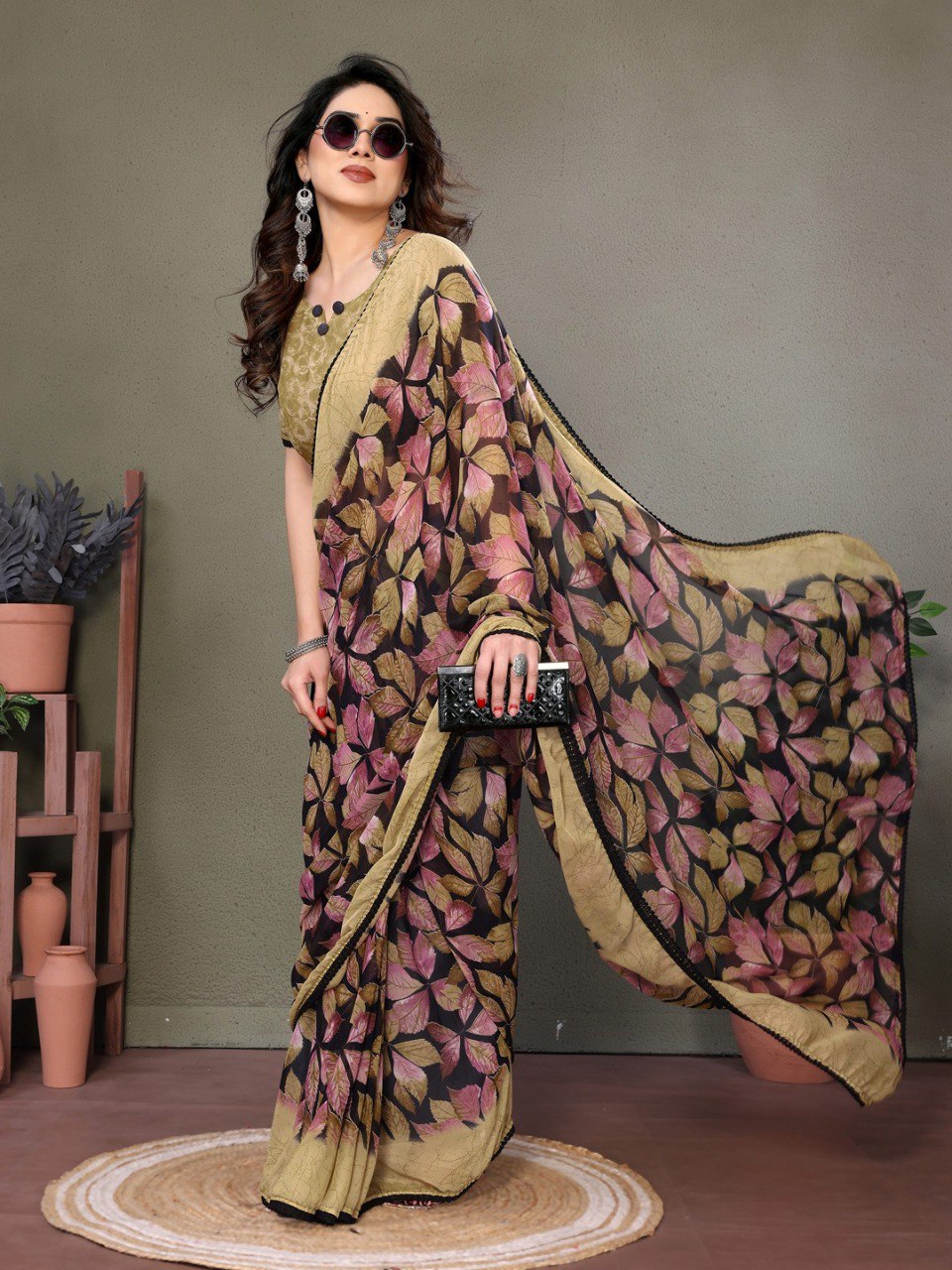 Beige Soft Chiffon Saree With Printed Work And Lace Border