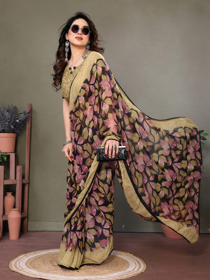 Beige Soft Chiffon Saree With Printed Work And Lace Border