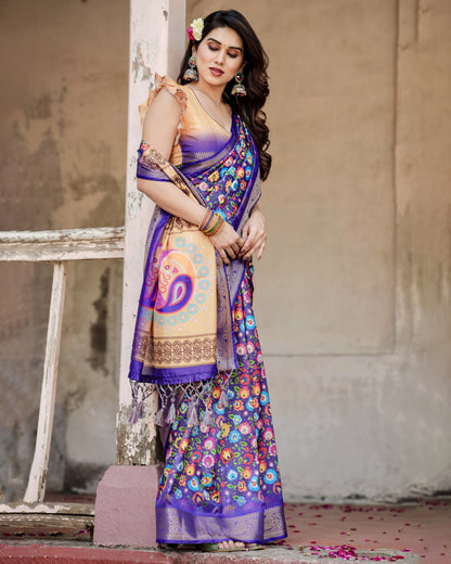 Multi Kalamakari Floral Printed Tussar Silk Saree With Zari Motif Border | Festive Ethnic Wear – JaipurSaaj