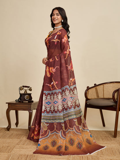Maroon Linen Cotton Saree With Digital Printed Work And Silver Zari Border | Lightweight Festive & Party Wear – JaipurSaaj