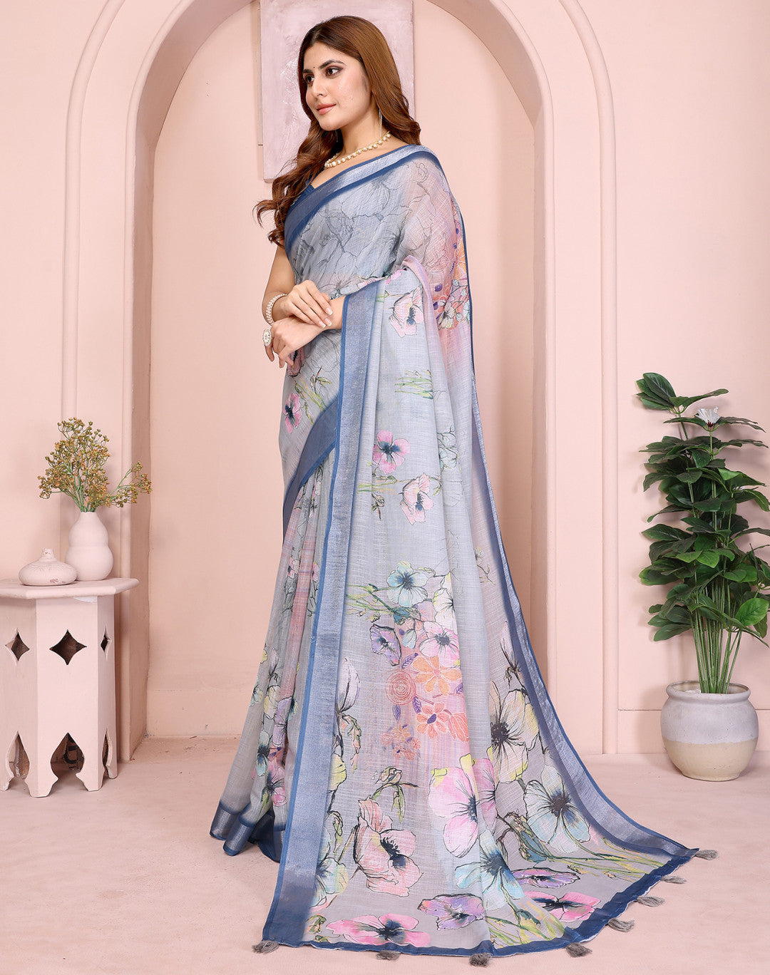 Multi Linen Cotton Saree With Digital Printed Work And Silver Zari Border