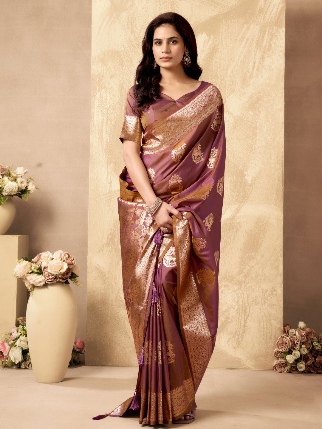 Alternate full view of purple Banarasi silk saree with zari weaving, Warli work and zhallar border