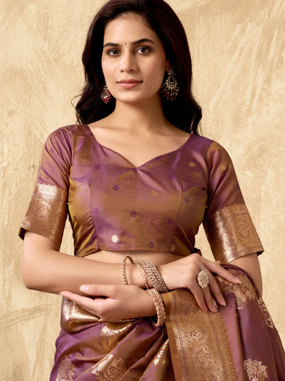 Portrait of model wearing purple Banarasi silk saree with zhallar border highlighting elegant drape