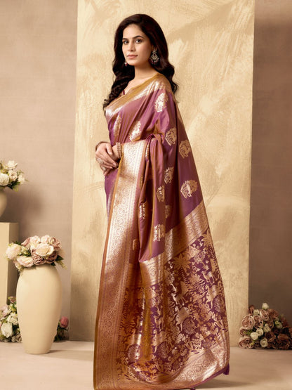 Model posing in purple Banarasi silk saree with Warli work showing full length wedding and festive styling