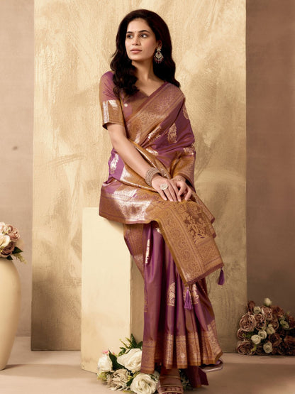 Side view of purple Banarasi silk saree with Warli weaving work showcasing graceful drape