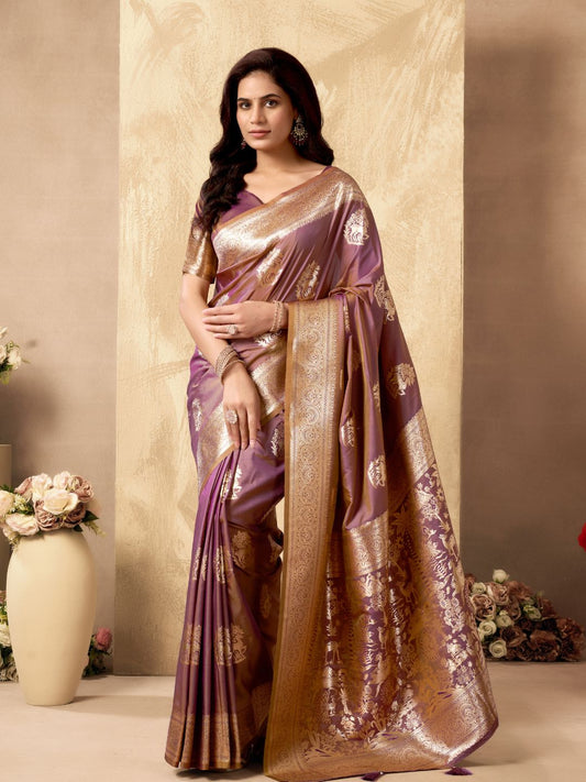 Woman wearing purple Banarasi silk saree with Warli weaving work and zhallar border full front view