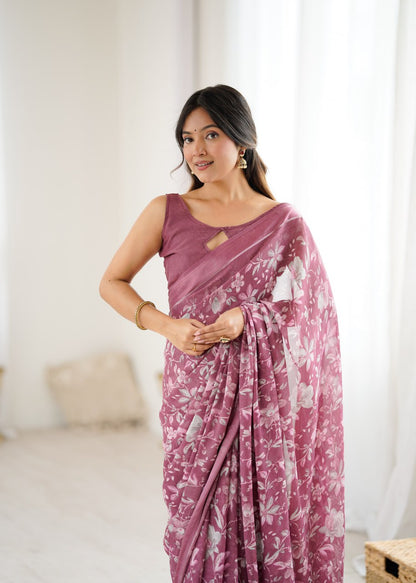 Pink Linen Cotton Saree With Flower Digital Printed Work