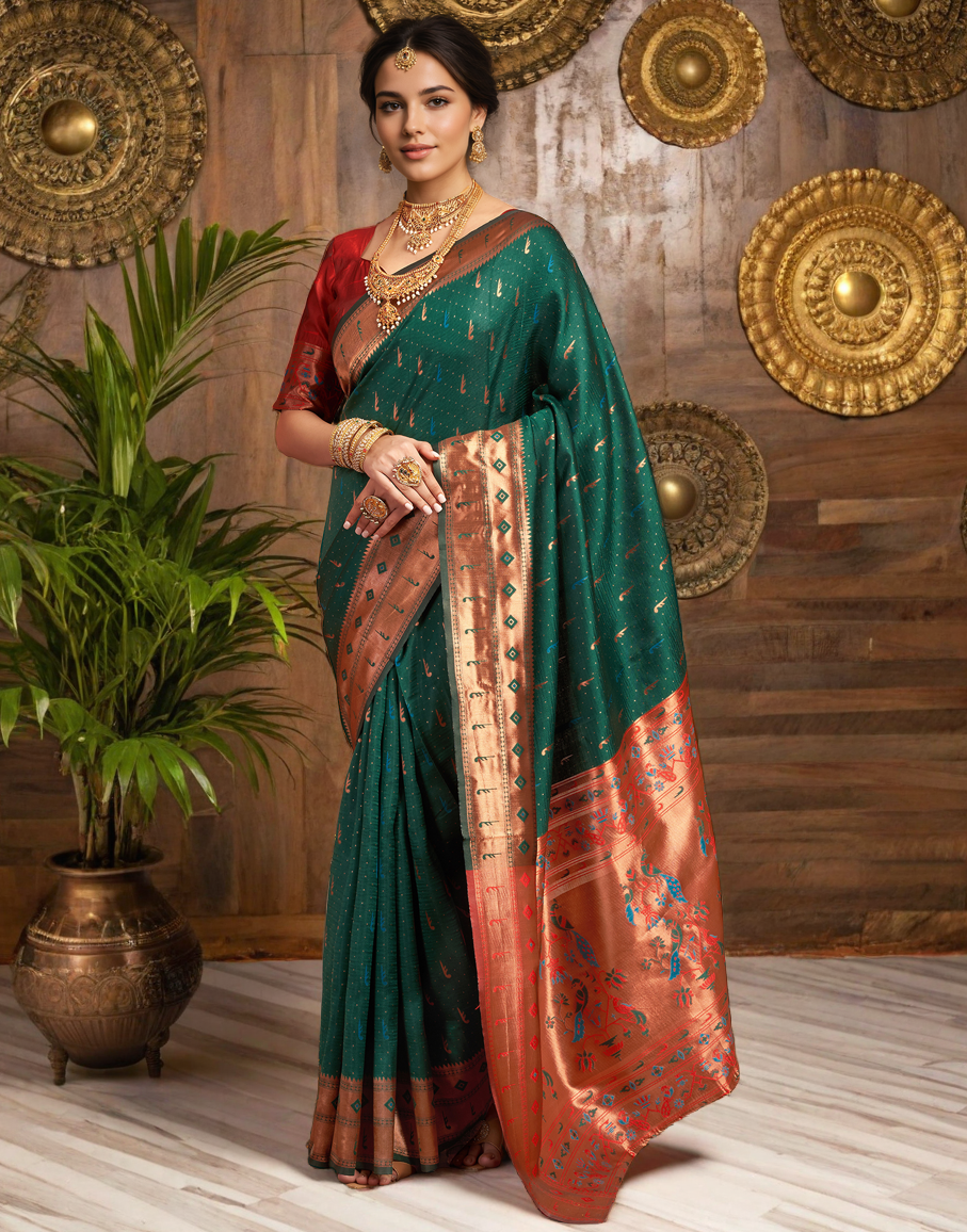 Traditional Green Paithani Silk Saree With Zari Weaving Work